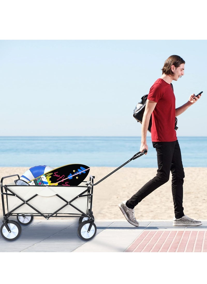 Collapsible Foldable Wagon, White Wagon Cart Beach Cart Large Capacity,Heavy Duty Folding Wagon Portable, Collapsible Black Wagon for Sports, Shopping, Camping Stacking Capacity 150L