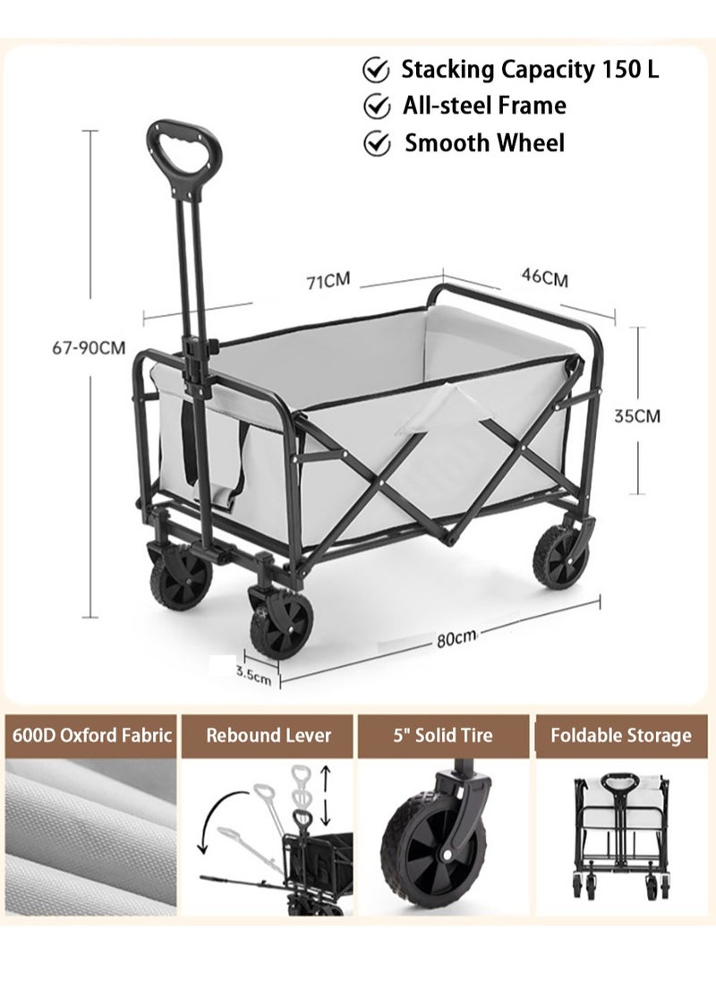 Collapsible Foldable Wagon, White Wagon Cart Beach Cart Large Capacity,Heavy Duty Folding Wagon Portable, Collapsible Black Wagon for Sports, Shopping, Camping Stacking Capacity 150L