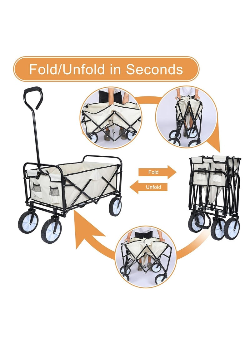 Collapsible Foldable Wagon, White Wagon Cart Beach Cart Large Capacity,Heavy Duty Folding Wagon Portable, Collapsible Black Wagon for Sports, Shopping, Camping Stacking Capacity 150L