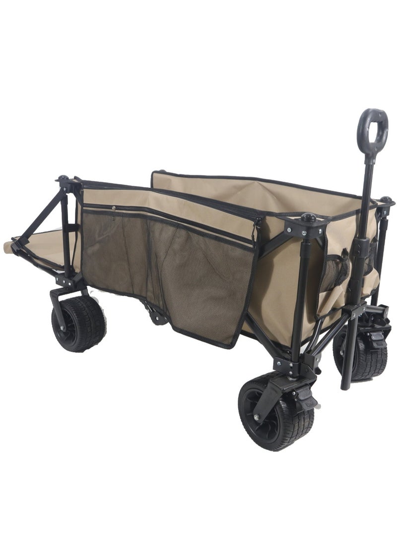 Folding Wagon, Foldable Camping Cart, Heavy Duty Utility Beach Wagon Cart, Large Capacity Foldable Grocery Wagon for Garden Outdoor, Sports, Camping, Picnic (Khaki, New Upgraded)