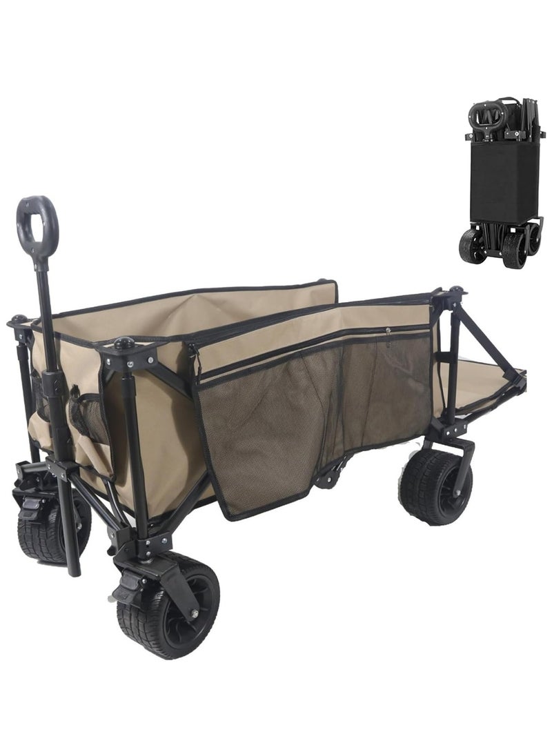 Folding Wagon, Foldable Camping Cart, Heavy Duty Utility Beach Wagon Cart, Large Capacity Foldable Grocery Wagon for Garden Outdoor, Sports, Camping, Picnic (Khaki, New Upgraded)