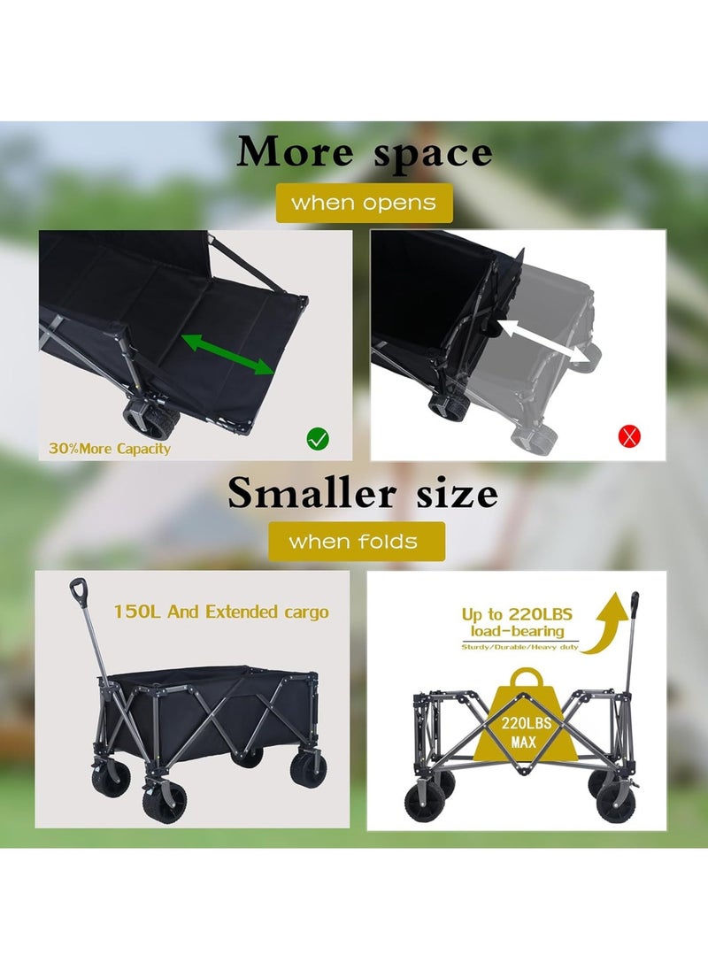 Folding Wagon, Foldable Camping Cart, Heavy Duty Utility Beach Wagon Cart, Large Capacity Foldable Grocery Wagon for Garden Outdoor, Sports, Camping, Picnic (Black, New Upgraded)