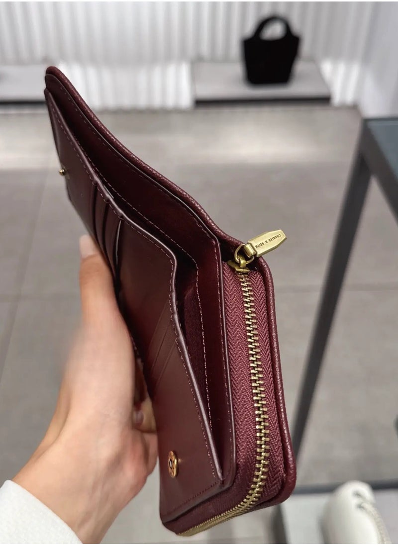 CHARLES & KEITH Anwen Quilted Zip-Around Wallet - Burgundy