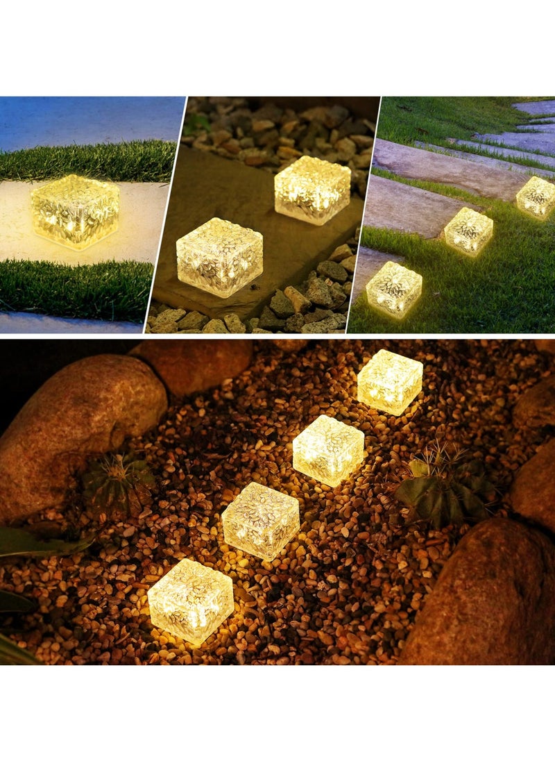 Solar Brick Lights, 6 PCS LED Warm White Outdoor Waterproof Solar Landscape Path Lights, 600mAh, Ice Cube Style for Garden, Patio, Lawn, Yard, Walkway Decor