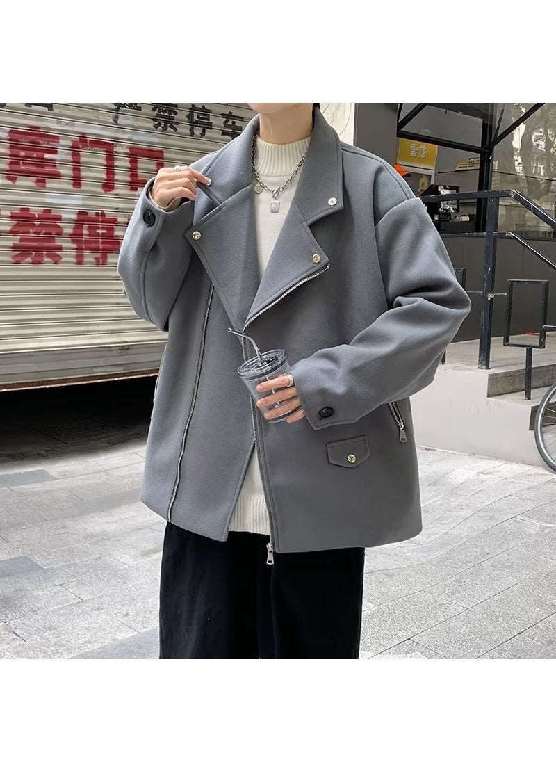 Mens Woolen Blazer Short Trendy Solid Coat Fall Winter Grey