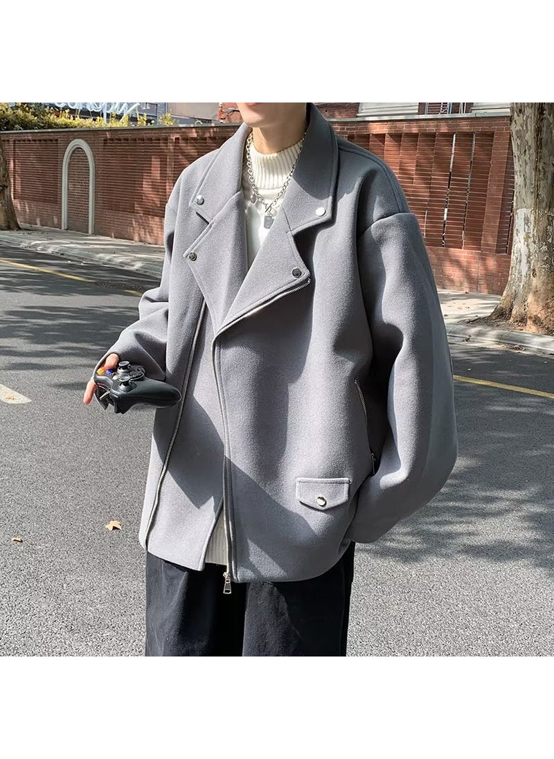 Mens Woolen Blazer Short Trendy Solid Coat Fall Winter Grey