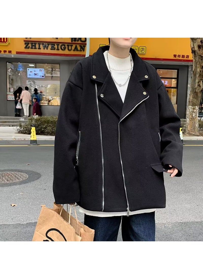 Mens Woolen Blazer Short Trendy Solid Coat Fall Winter Black