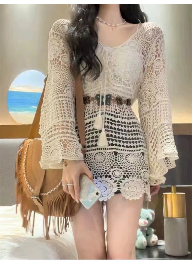 Chic Beach Hollow Lace-up Tunic Womens Flare Sleeve White single blouse