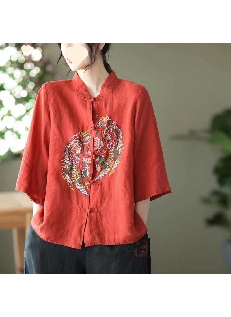 Womens Vintage Embroidered Cotton Linen Shirt AM408 Red