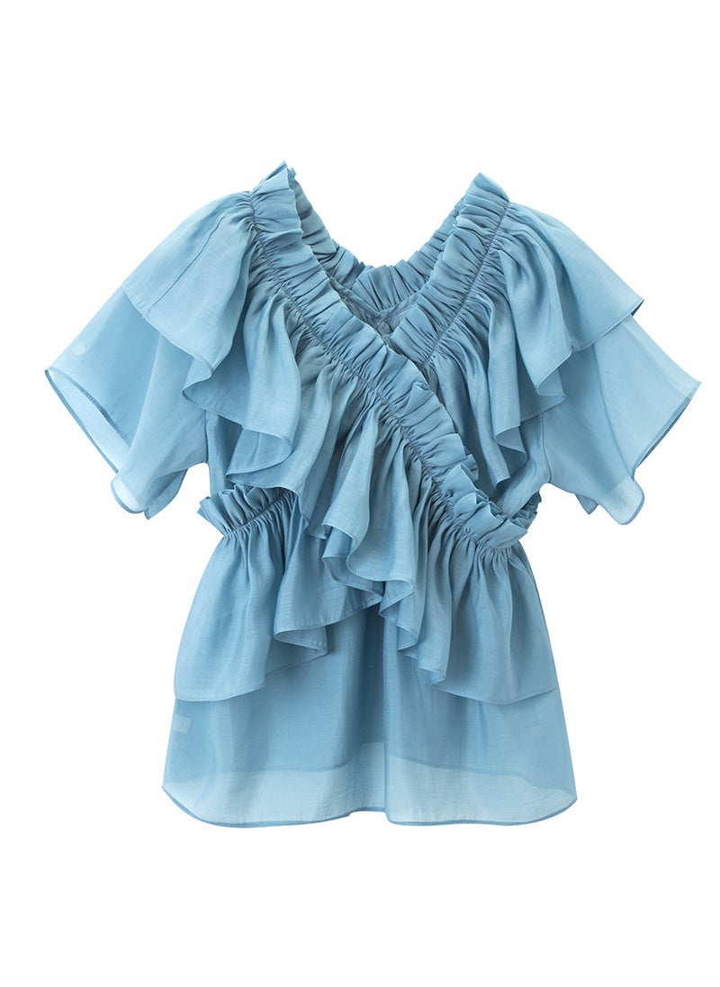 2022 Summer Off-Shoulder Chiffon Top Frilly Sleeves Blue