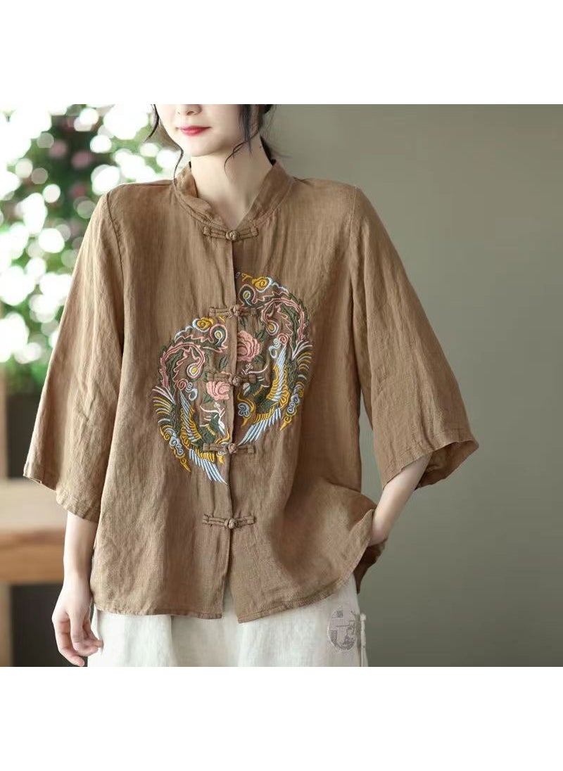 Womens Vintage Embroidered Cotton Linen Shirt AM408 Brown