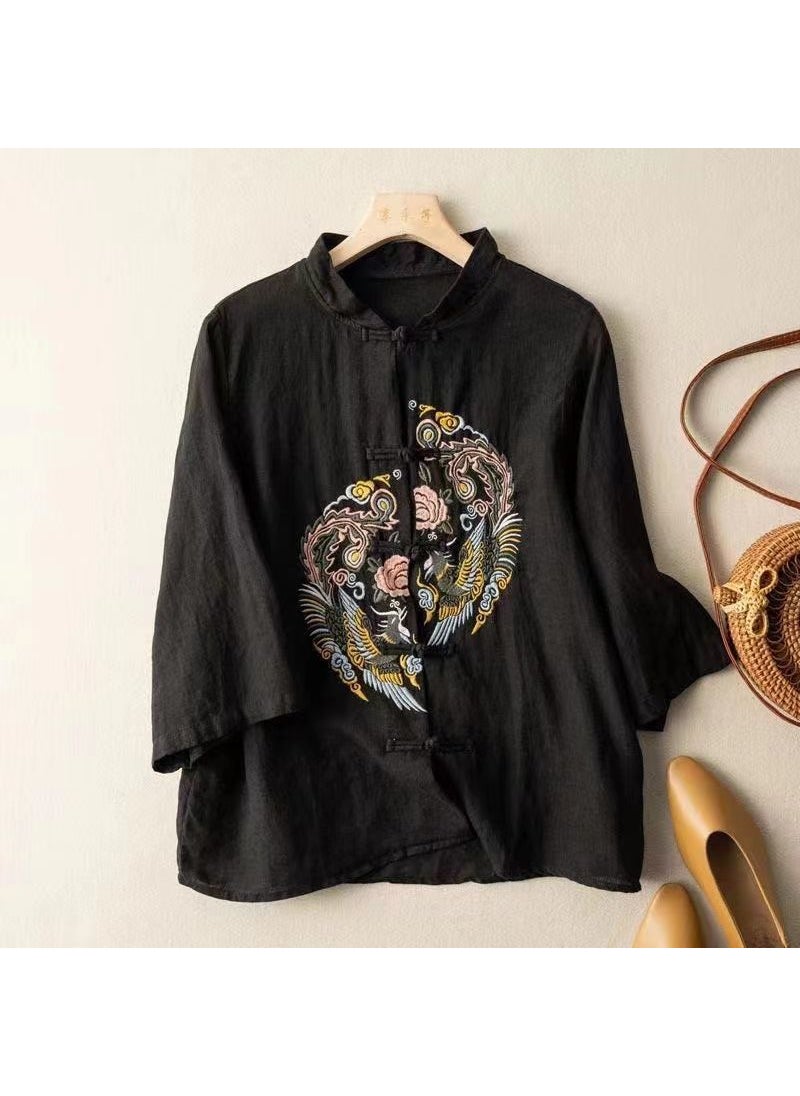 Womens Vintage Embroidered Cotton Linen Shirt AM408 Black