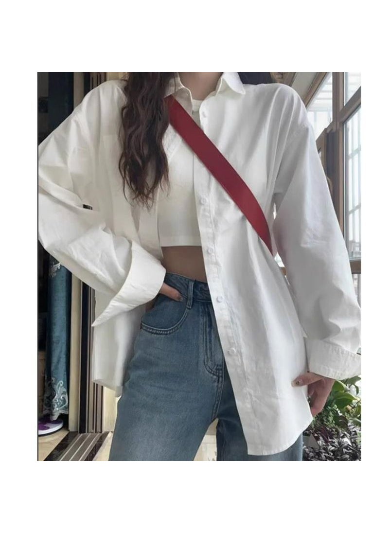 White Loose Korean Shirt Autumn Spring Women White