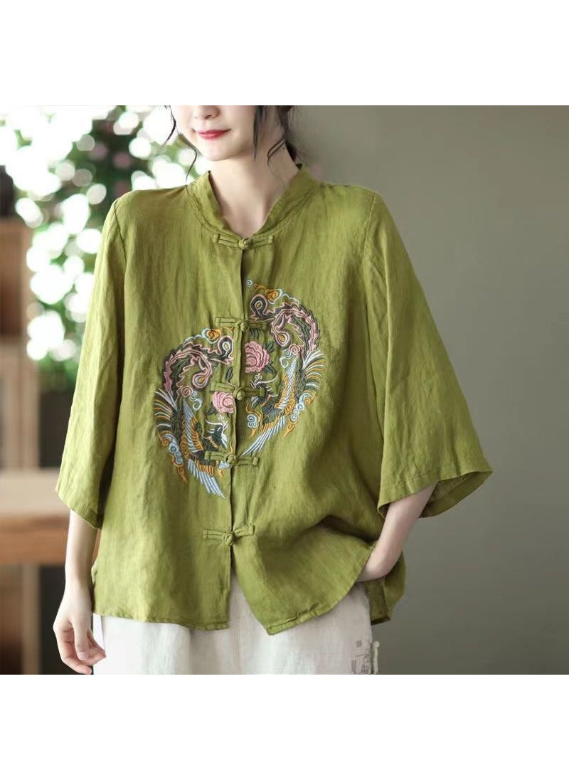 Womens Vintage Embroidered Cotton Linen Shirt AM408 Green