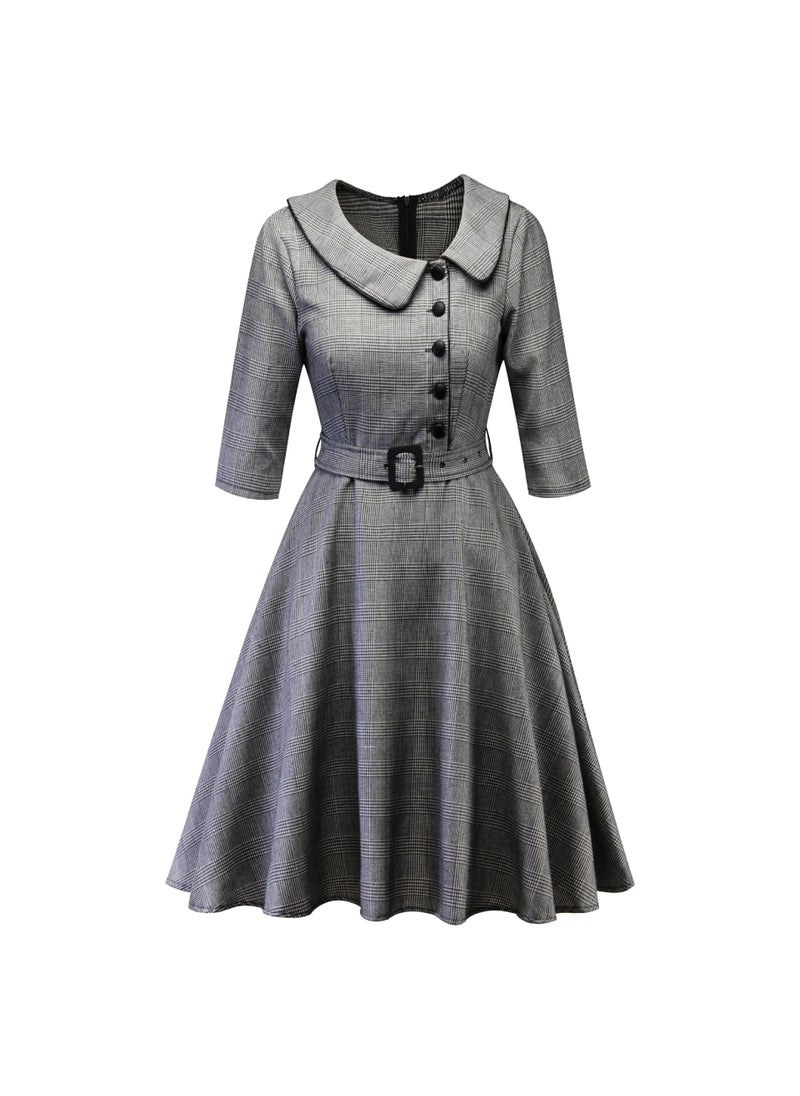 Autumn Hepburn Style Mid-Sleeve Midi Dress black