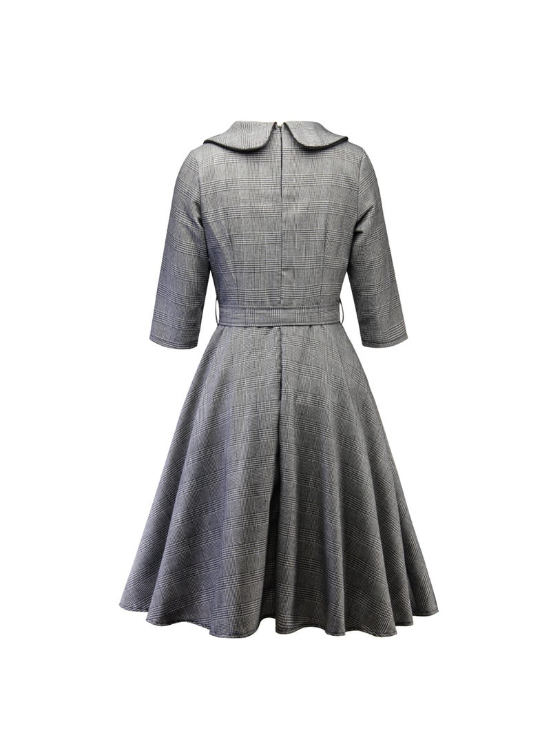 Autumn Hepburn Style Mid-Sleeve Midi Dress black