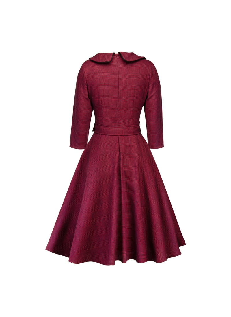 Autumn Hepburn Style Mid-Sleeve Midi Dress Red