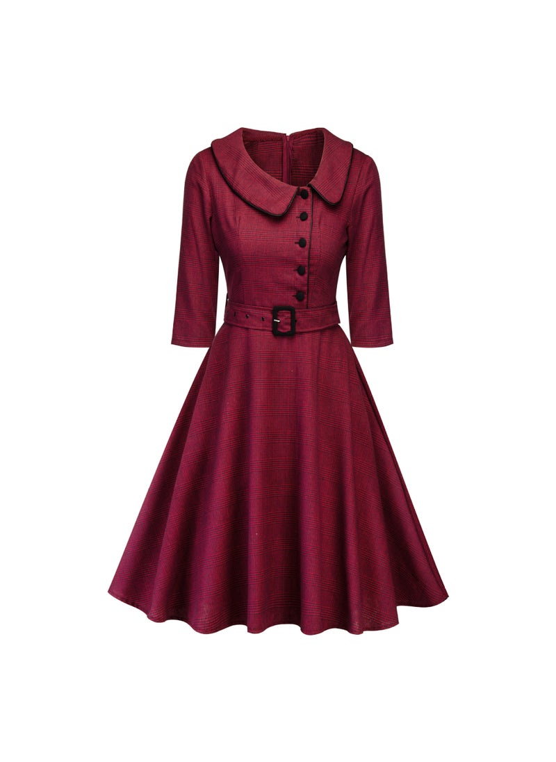 Autumn Hepburn Style Mid-Sleeve Midi Dress Red