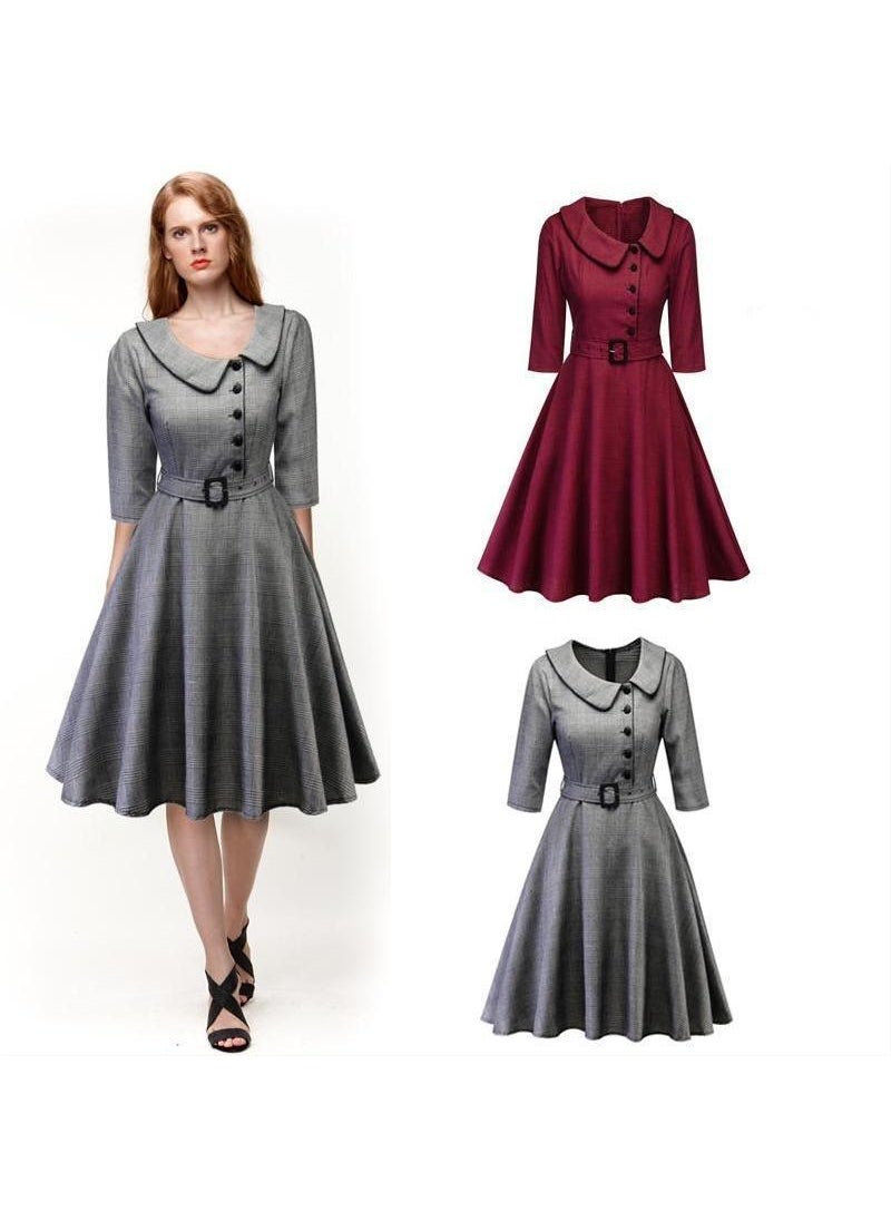 Autumn Hepburn Style Mid-Sleeve Midi Dress Red