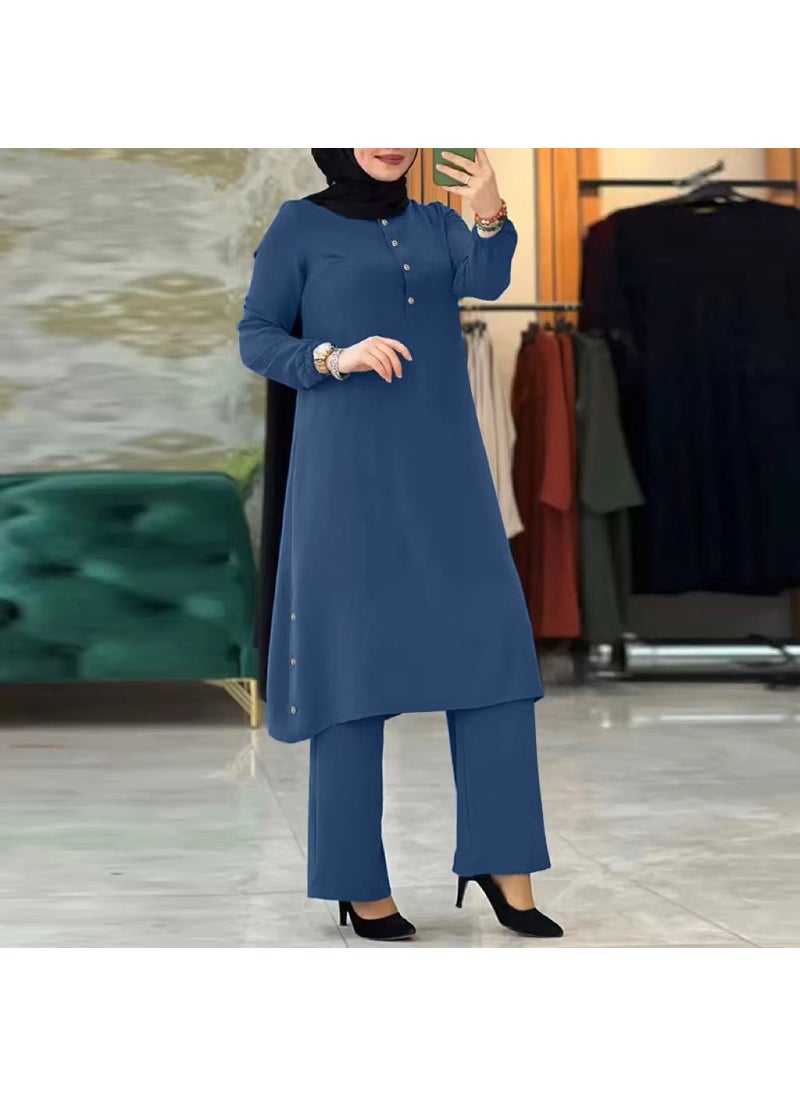 2023 High-Quality Muslim Womens Solid Long Sleeve Elastic Waist Suit wine red