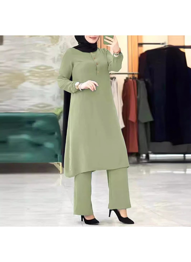 2023 High-Quality Muslim Womens Solid Long Sleeve Elastic Waist Suit wine red