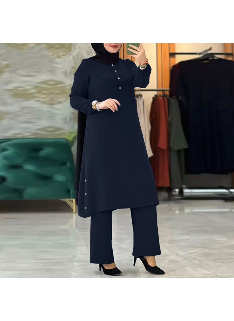 2023 High-Quality Muslim Womens Solid Long Sleeve Elastic Waist Suit wine red