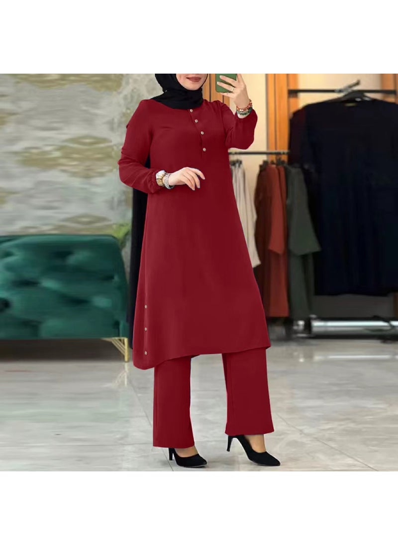 2023 High-Quality Muslim Womens Solid Long Sleeve Elastic Waist Suit wine red