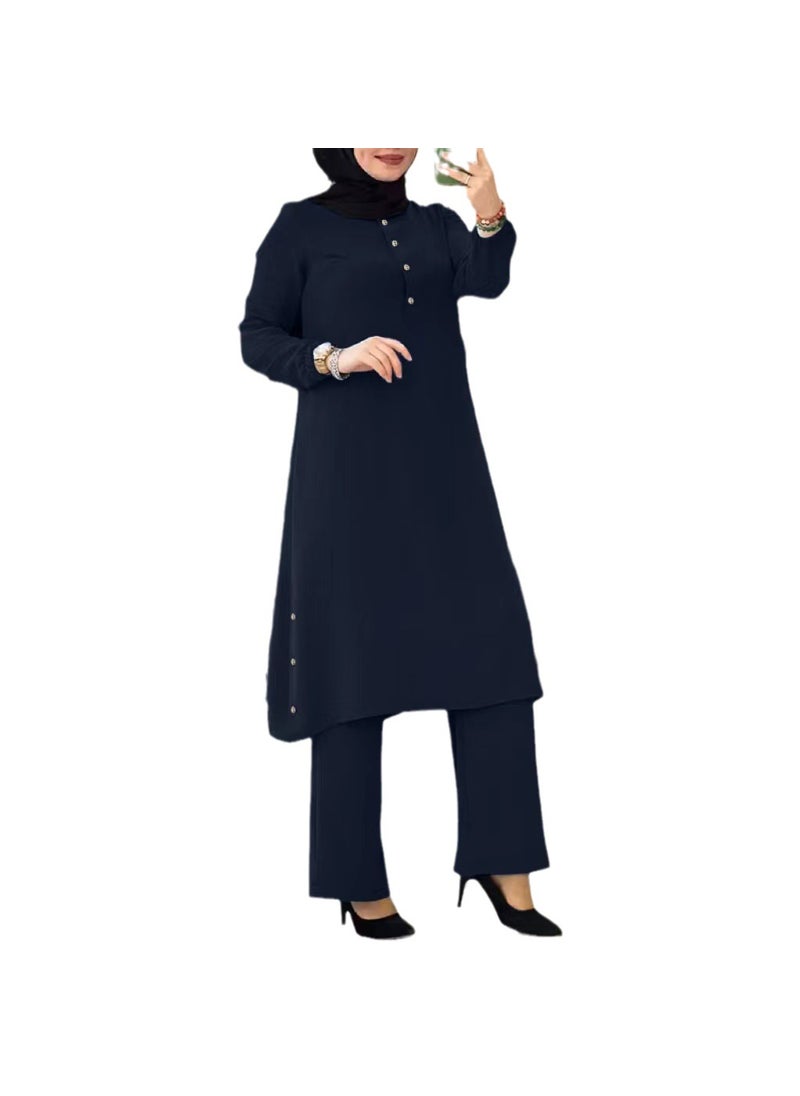 2023 High-Quality Muslim Womens Solid Long Sleeve Elastic Waist Suit wine red