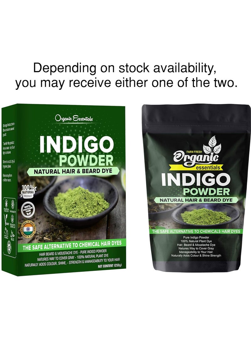 Organic Essentials Indigo Powder, 250g Natural Indigo Leaves Powder for Hair Black, Natural Hair & Beard Dye, Pure and Chemical-Free