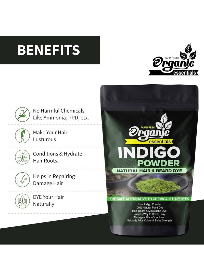 Organic Essentials Indigo Powder, 250g Natural Indigo Leaves Powder for Hair Black, Natural Hair & Beard Dye, Pure and Chemical-Free