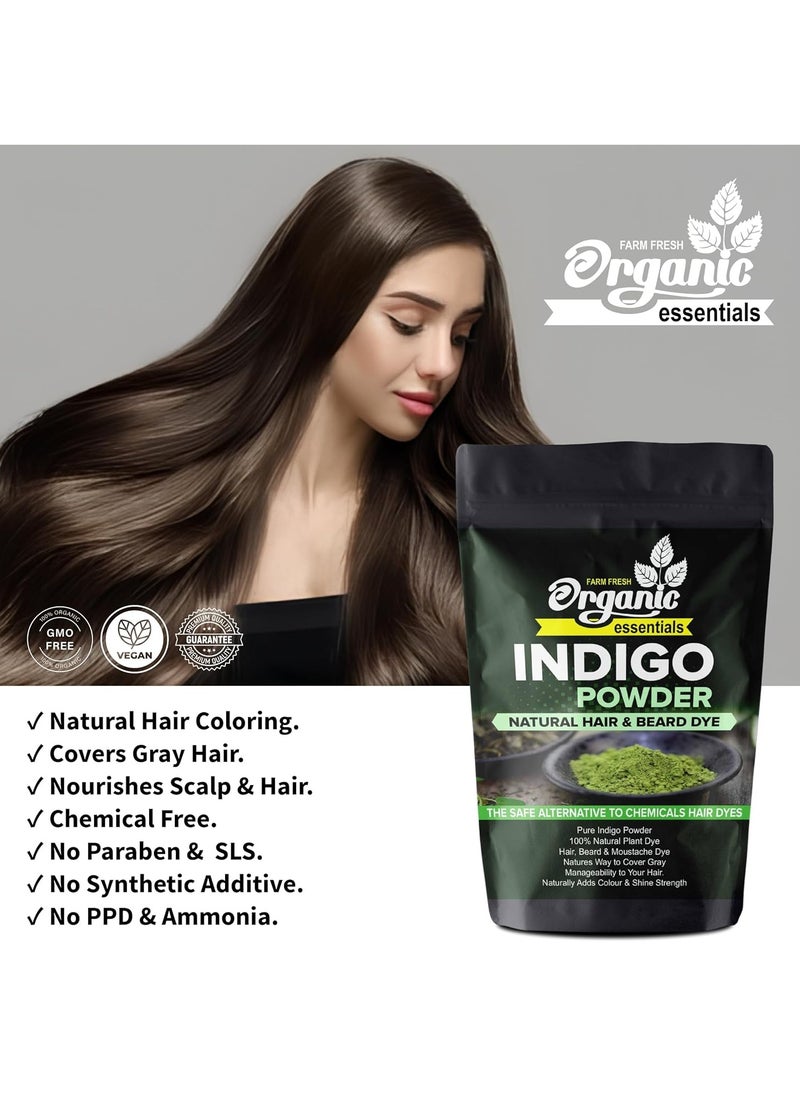 Organic Essentials Indigo Powder, 250g Natural Indigo Leaves Powder for Hair Black, Natural Hair & Beard Dye, Pure and Chemical-Free