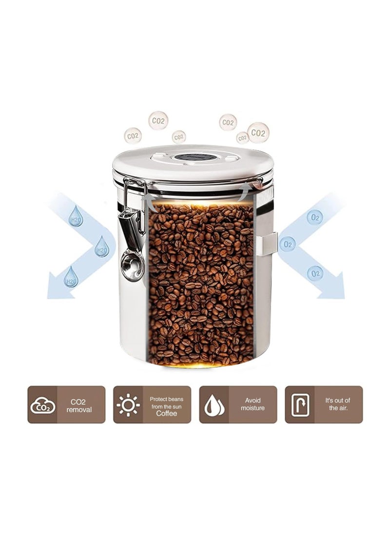 1.5L Coffee Can, Airtight Stainless Steel Kitchen Food Storage Container, Airtight Coffee Bean Pot with Date Tracker and Spoon, 304 Stainless Steel Airtight Pot