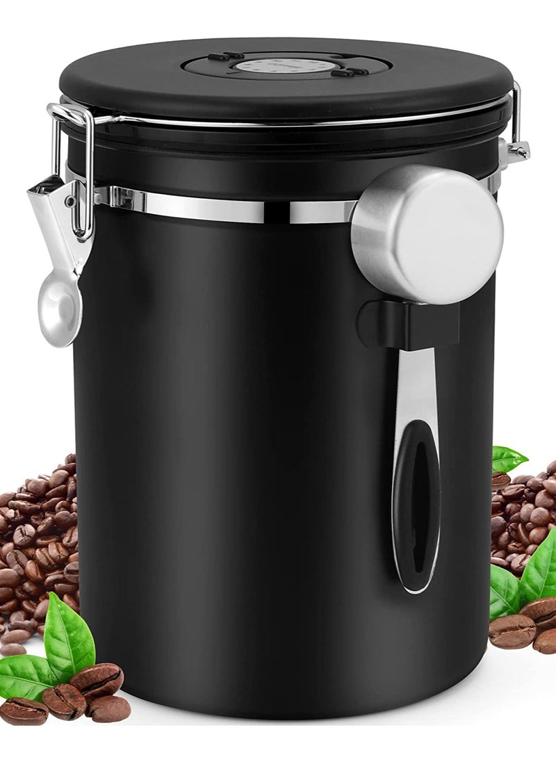 Airtight Coffee Canister, Coffee Jar for Coffee Grounds and Beans, Stainless Steel Kitchen Coffee Bean Can with Date Tracker and Scoop 1500ml Black