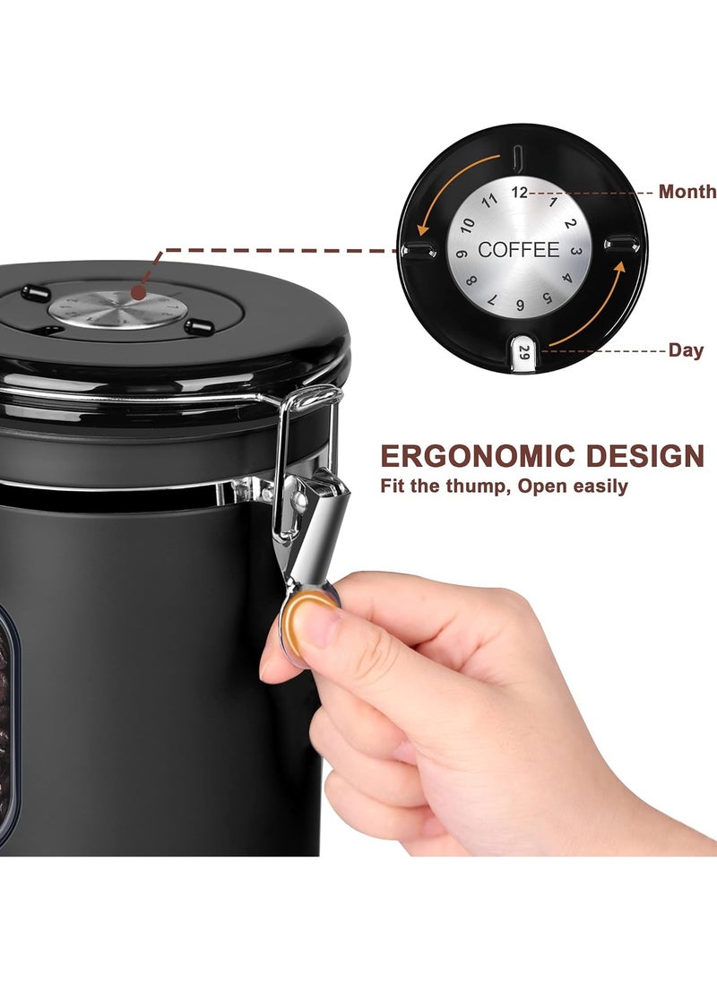 Airtight Coffee Canister, Coffee Jar for Coffee Grounds and Beans, Stainless Steel Kitchen Coffee Bean Can with Date Tracker and Scoop 1500ml Black