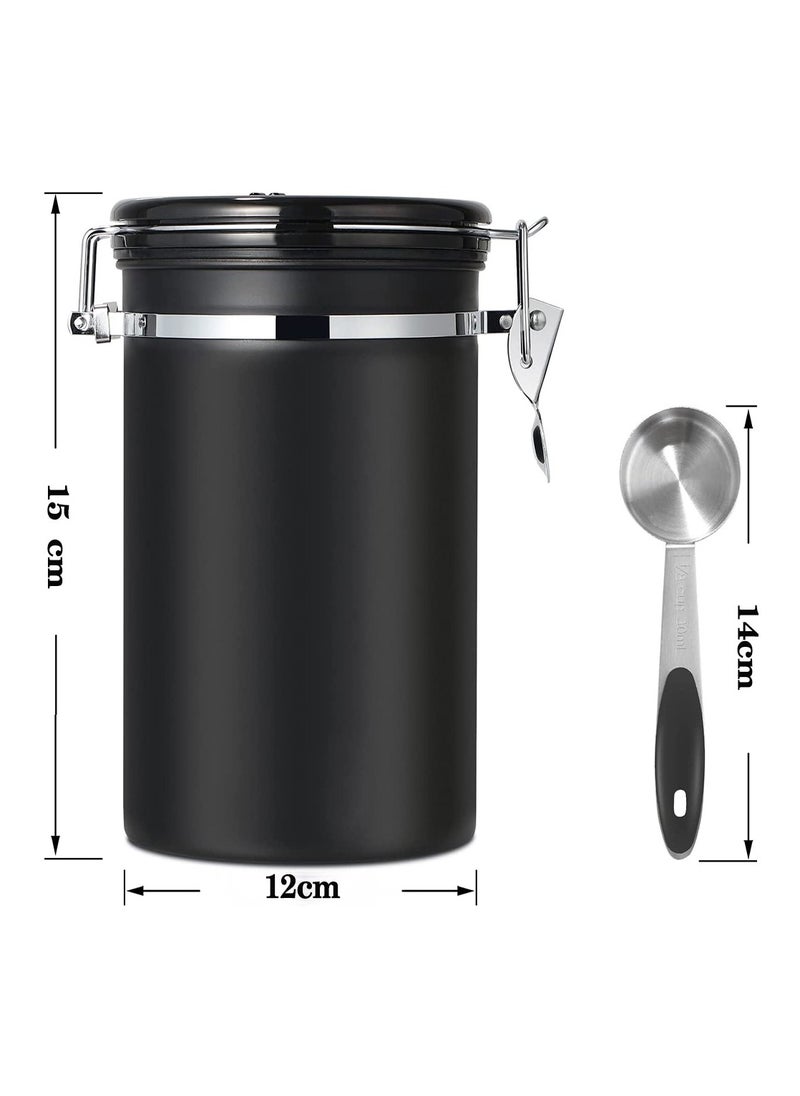 Airtight Coffee Canister, Coffee Jar for Coffee Grounds and Beans, Stainless Steel Kitchen Coffee Bean Can with Date Tracker and Scoop 1500ml Black