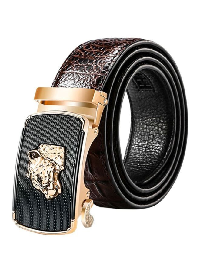 Leopard Head Print PU Leather Belt Brown