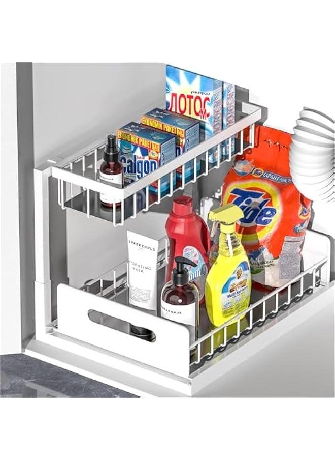 Under Sink Organizer, Pull Out Cabinet Organizer 2 Tier Slide Out Sink Shelf Cabinet Storage Shelves, Under Sink Storage for Kitchen Bathroom Cabinet (White)