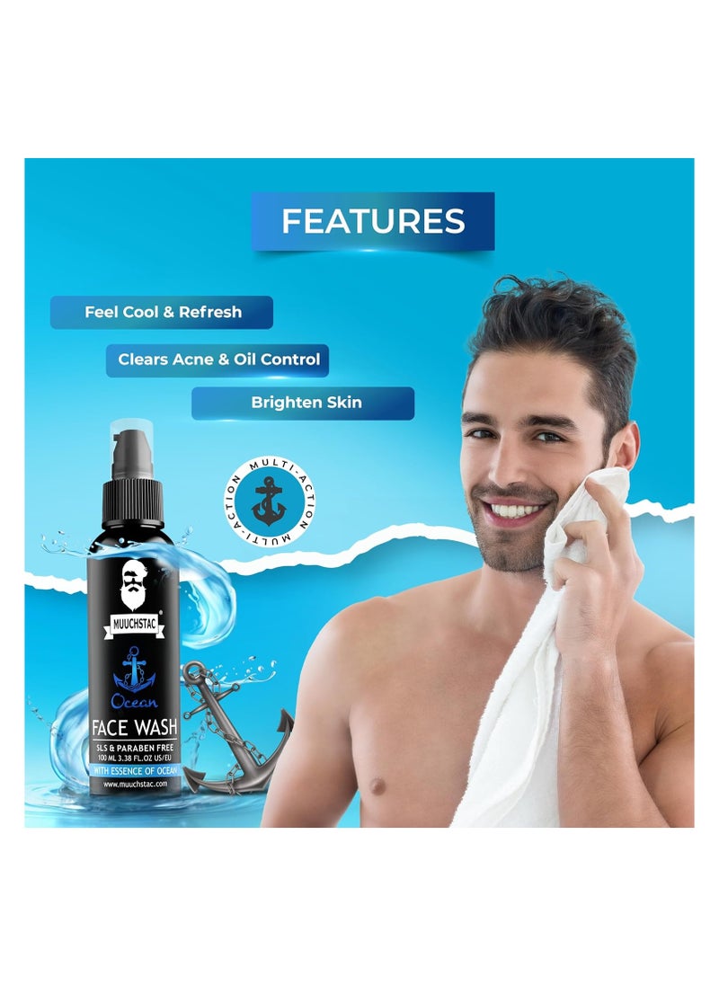 Muuchstac Ocean Face Wash for Men | Fight Acne & Pimples, Brighten Skin, Clears Dirt, Oil Control, Refreshing Feel - Multi-Action Formula | 100 ml