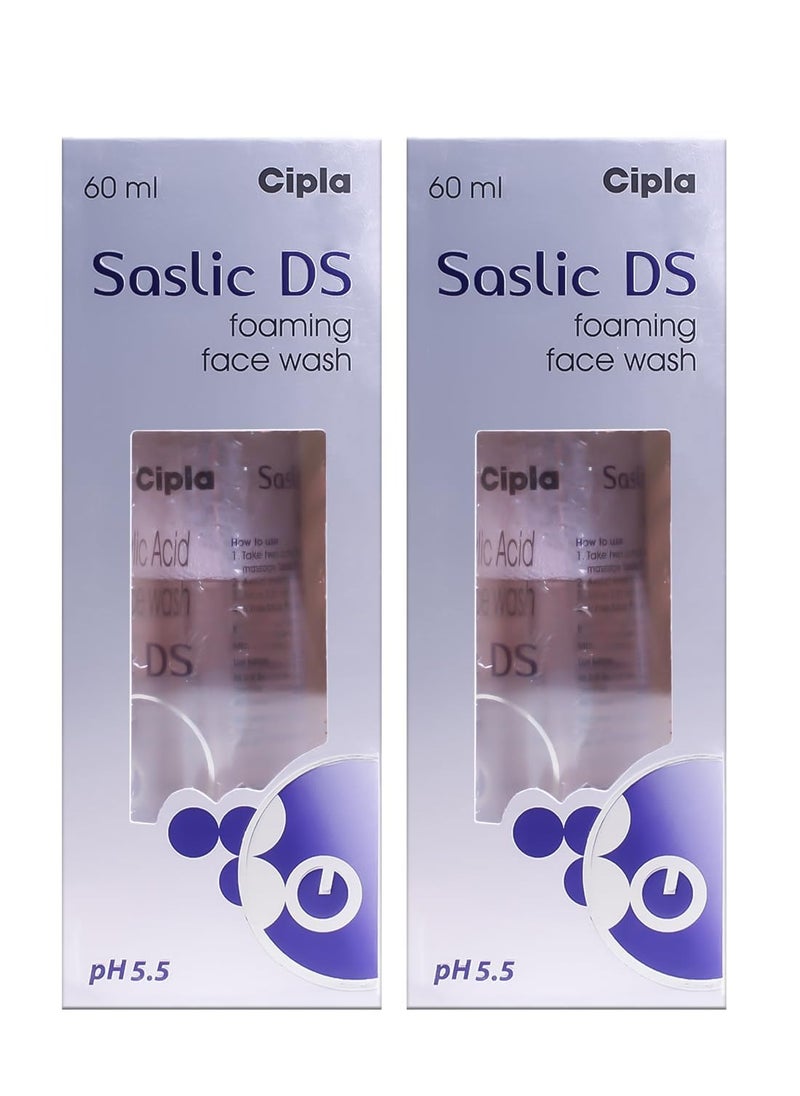 Cipla Saslic DS Foaming Face Wash | 2% Salicylic Acid | Acne Prevention | Pore Unclogging Formula for Clear Skin | 60ml (Pack of 2)