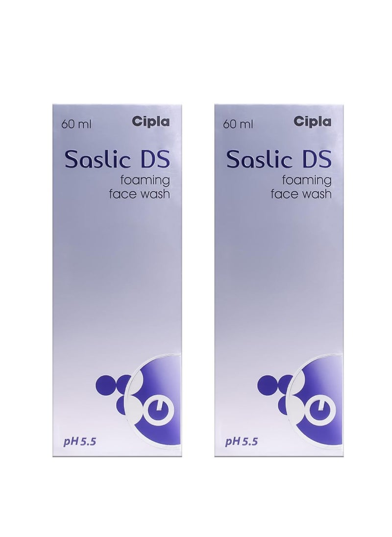 Cipla Saslic DS Foaming Face Wash | 2% Salicylic Acid | Acne Prevention | Pore Unclogging Formula for Clear Skin | 60ml (Pack of 2)