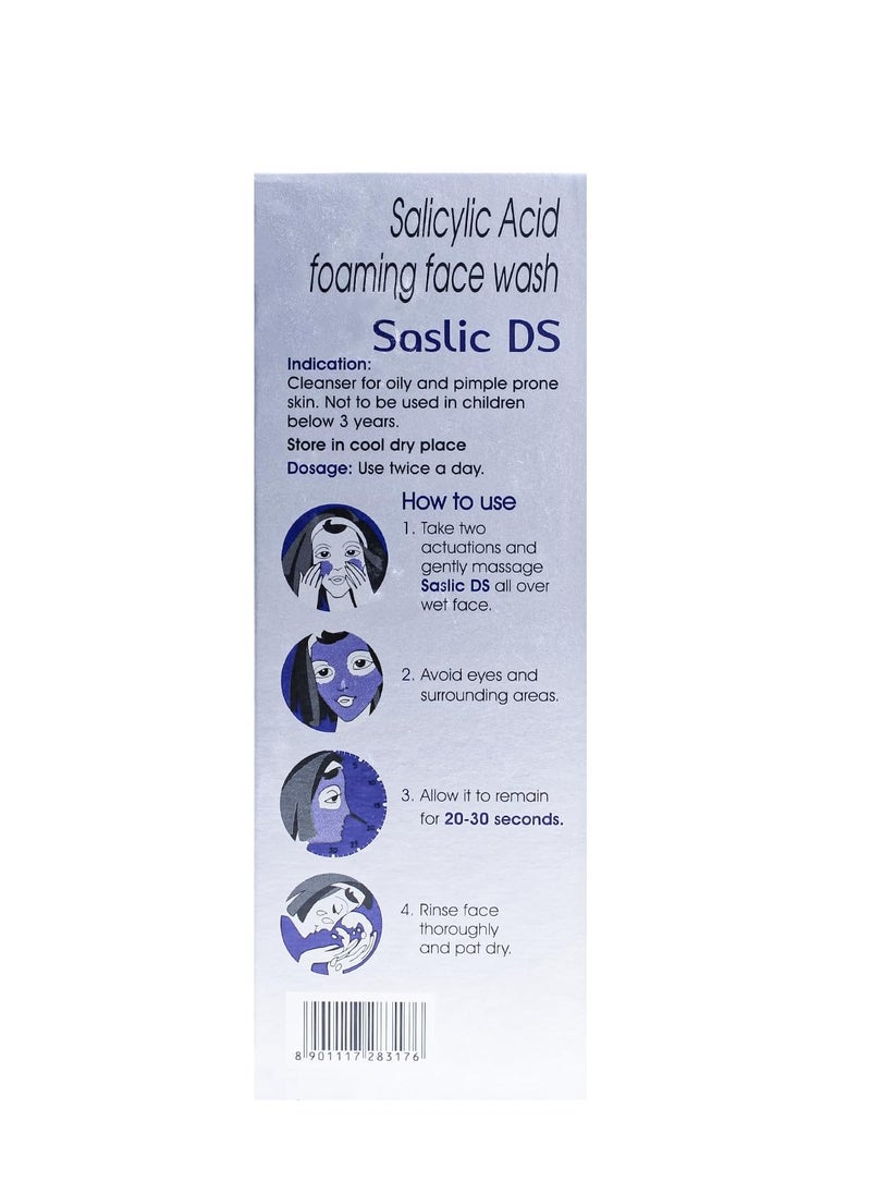 Cipla Saslic DS Foaming Face Wash | 2% Salicylic Acid | Acne Prevention | Pore Unclogging Formula for Clear Skin | 60ml (Pack of 2)