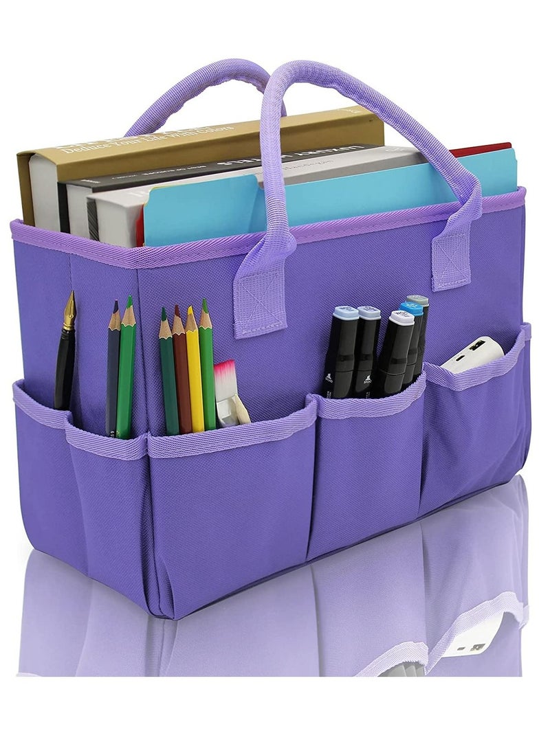 Organizer Storage Tote Bag for Art and Craft Supplies with Pockets, Purple Oxford Tote Bag for Artist, Kid, Teacher