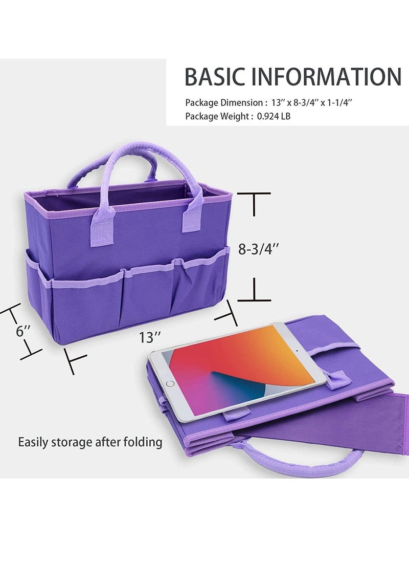 Organizer Storage Tote Bag for Art and Craft Supplies with Pockets, Purple Oxford Tote Bag for Artist, Kid, Teacher