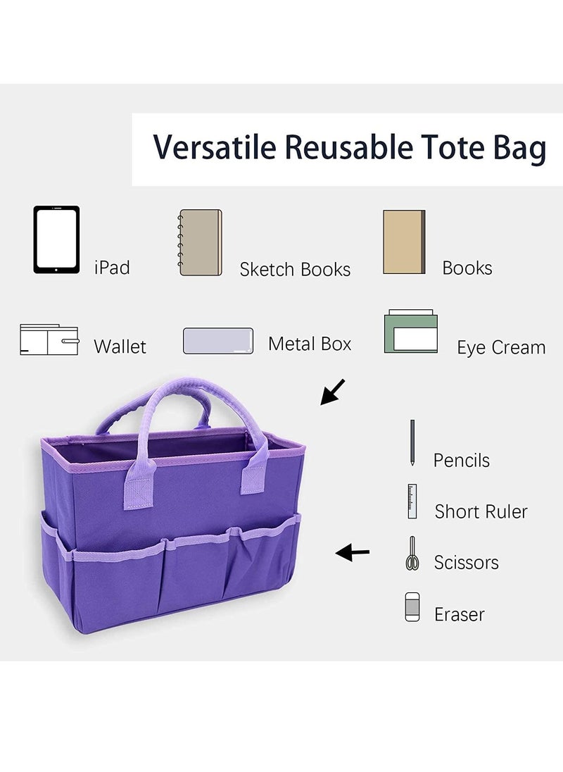 Organizer Storage Tote Bag for Art and Craft Supplies with Pockets, Purple Oxford Tote Bag for Artist, Kid, Teacher