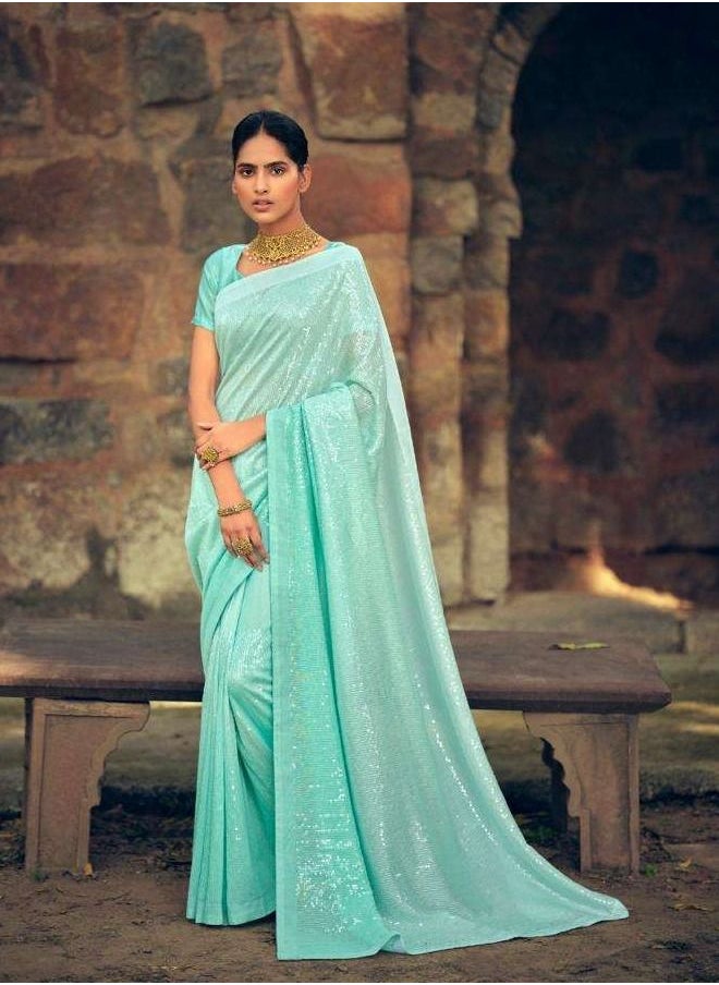 Sky Blue Georgette Saree With Sequence Work And Double Shade Plus Satin Unstitched Blouse