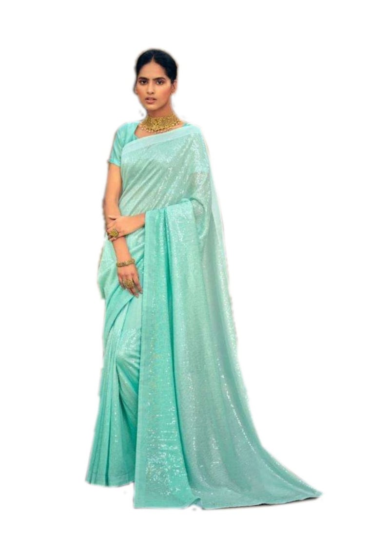 Sky Blue Georgette Saree With Sequence Work And Double Shade Plus Satin Unstitched Blouse