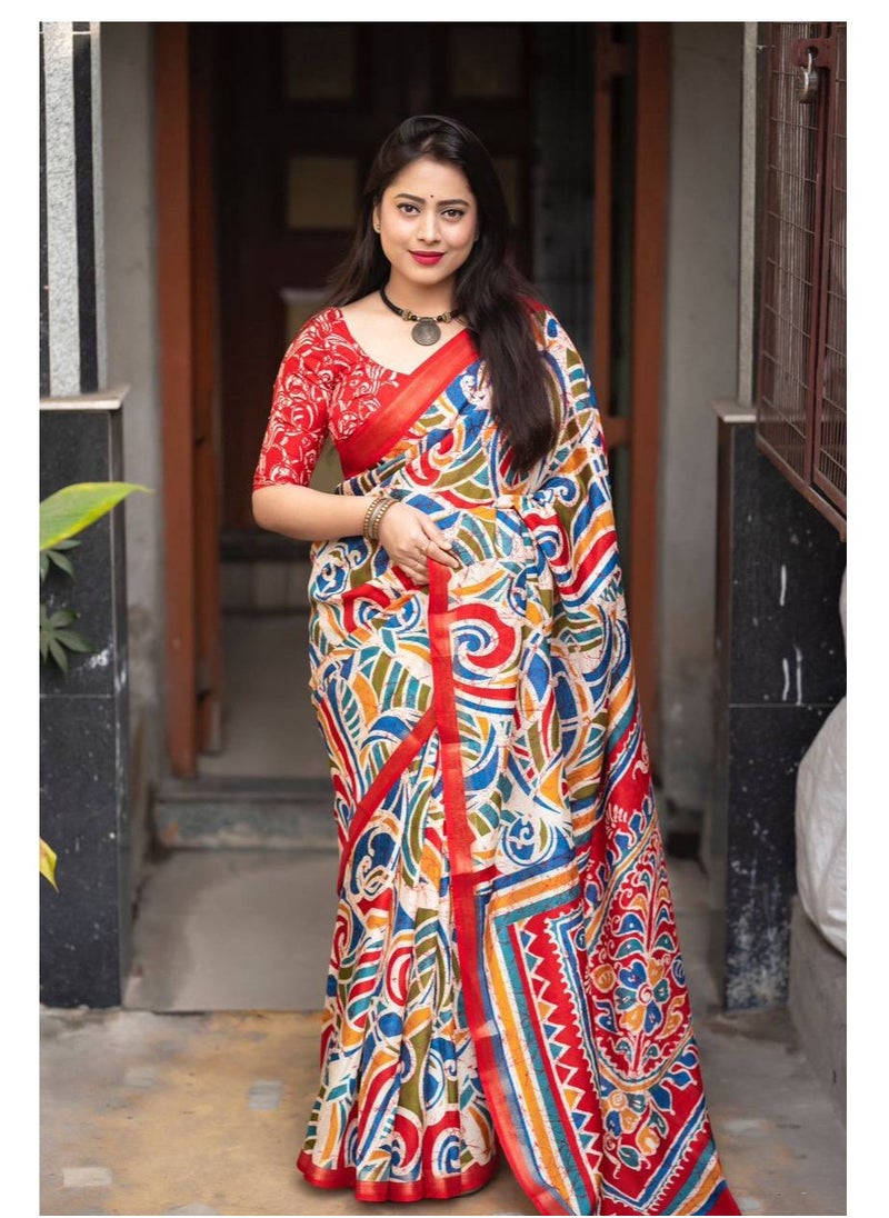 Soft Cotton Crape Silk Red Base Multicolour Batik Style Print  Saree With Unstitched Printed Blouse