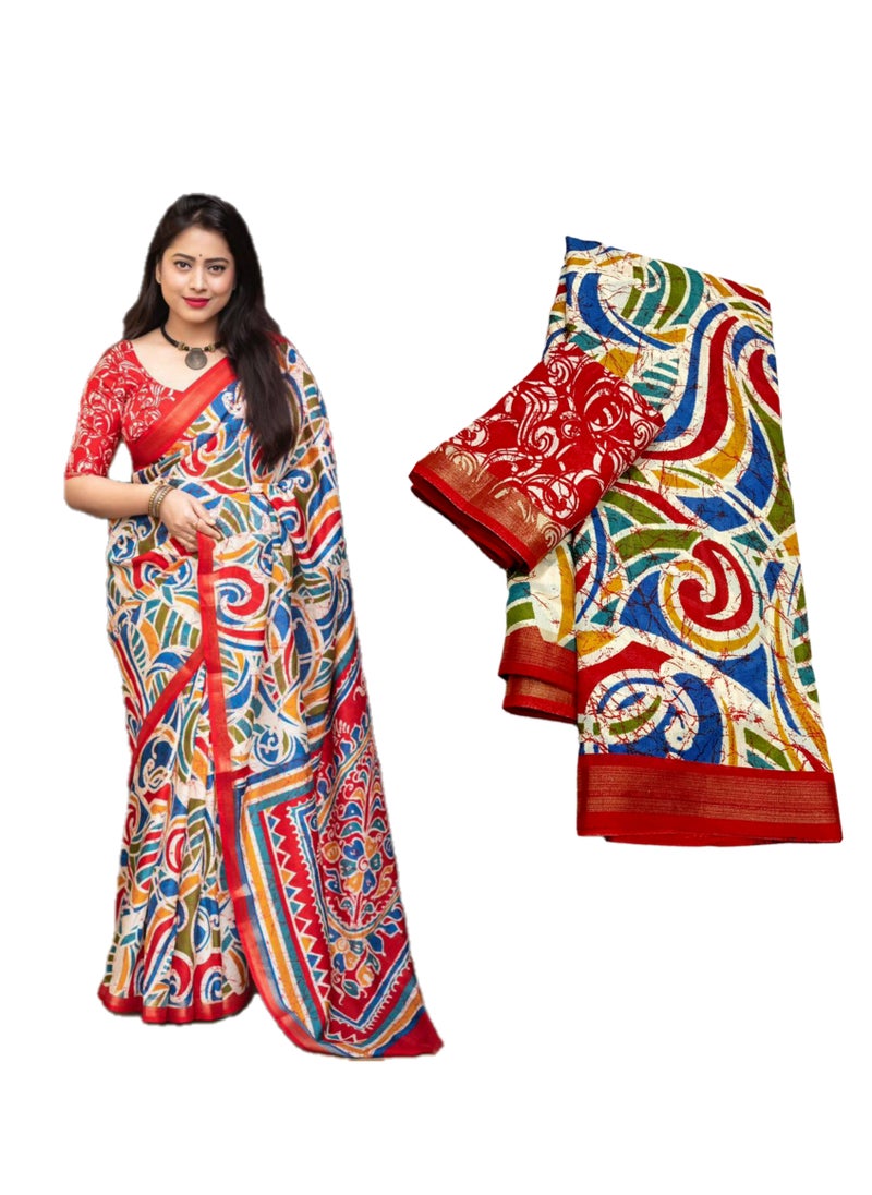 Soft Cotton Crape Silk Red Base Multicolour Batik Style Print  Saree With Unstitched Printed Blouse