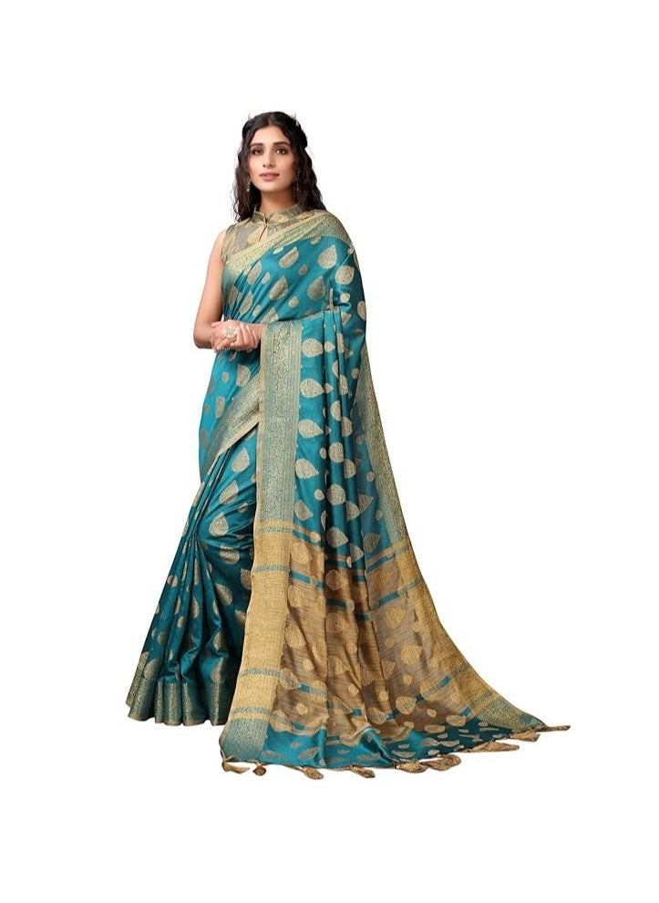 Women's Tassel & Self Woven Cotton Silk Saree with Unstitched Blouse Piece