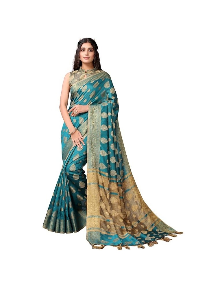 Women's Tassel & Self Woven Cotton Silk Saree with Unstitched Blouse Piece